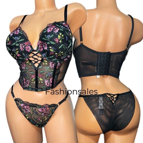 Victorias Secret Very Sexy Push Up Corset Top bra & String Cheeky Panty 32D / S - Picture 2 of 9